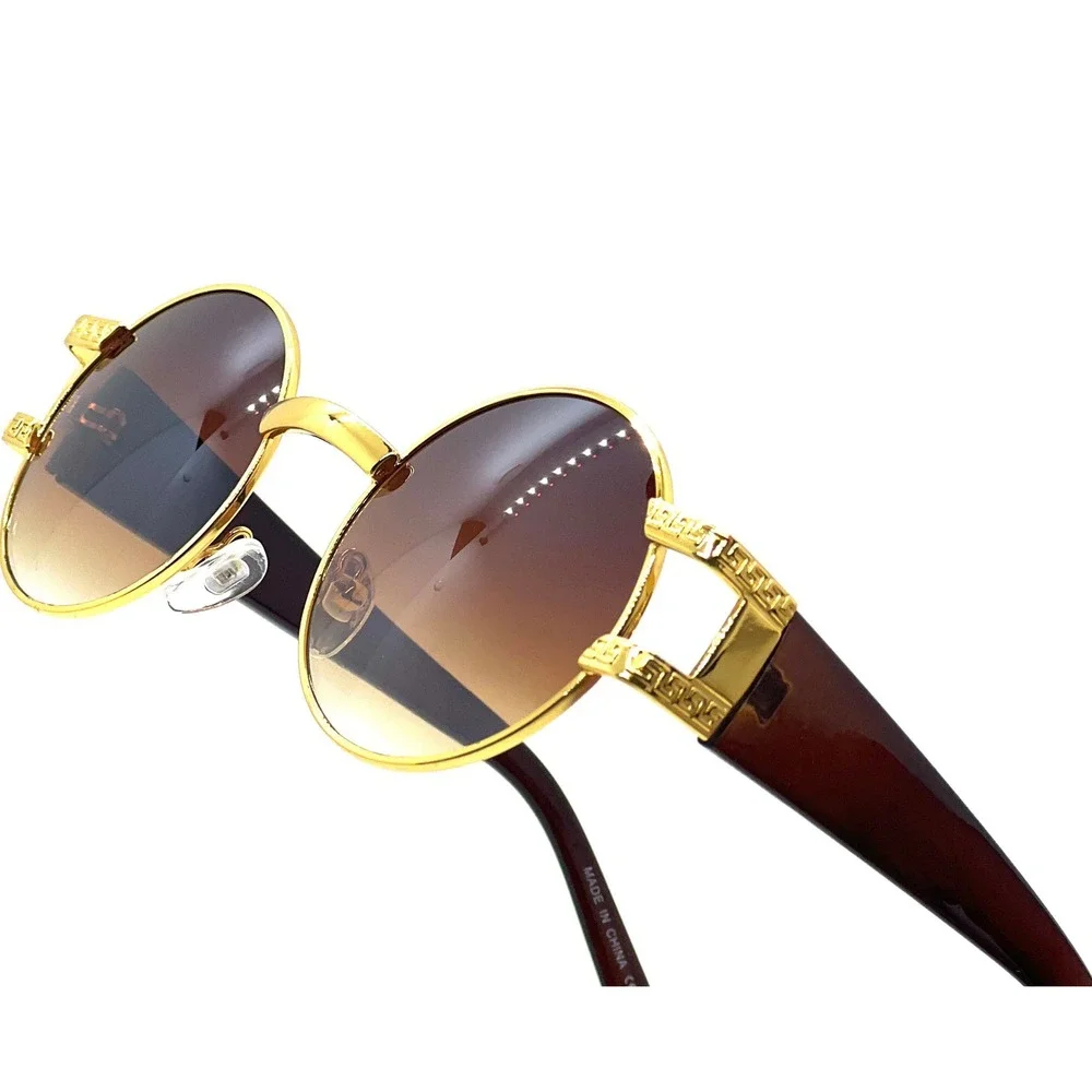 Round Sunglasses Gold Frame Brown Lens Greek Key Accents Men Hip Hop Street Wear